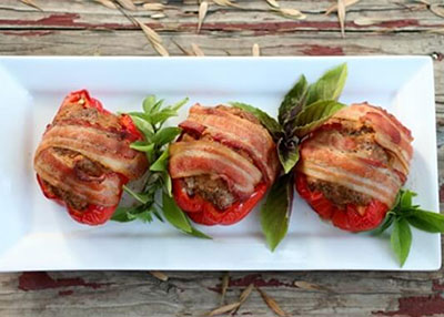 Meatloaf Stuffed Bell Peppers Wrapped in Bacon
