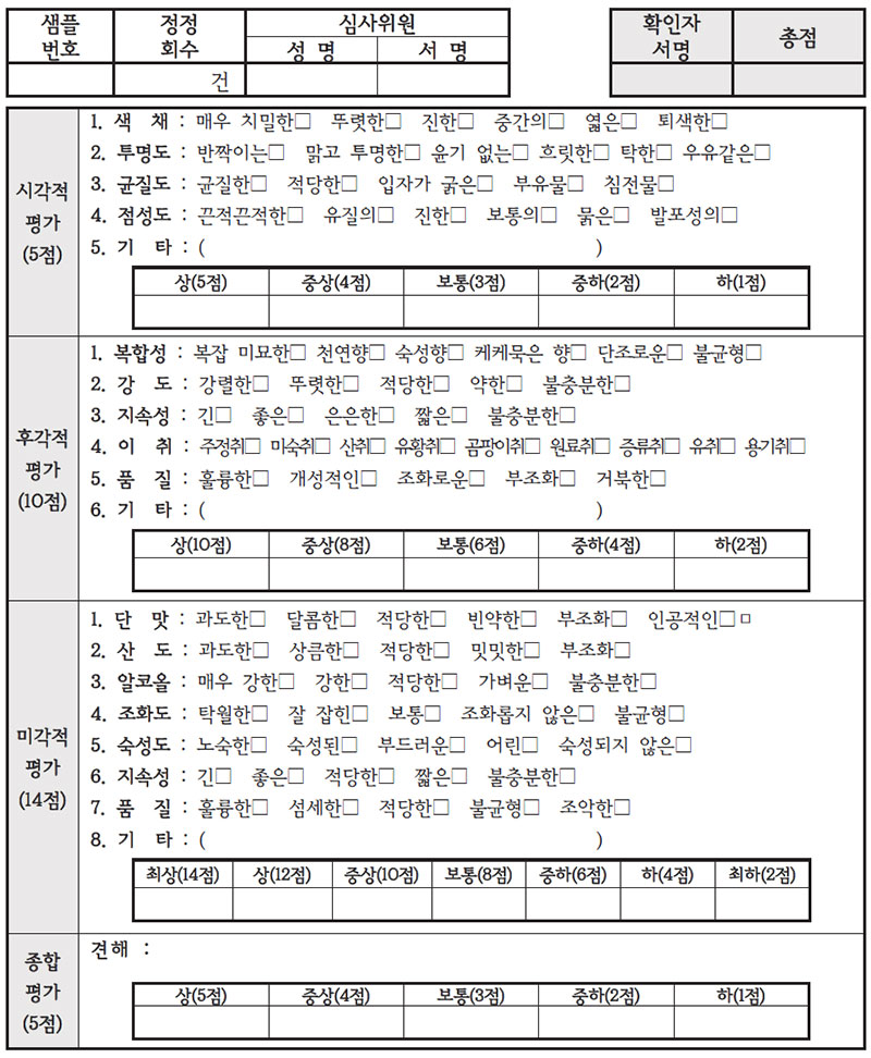 주류 제조장 관능 평가표