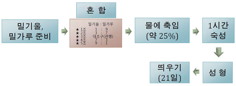 밀기울 함량 조절에 따른 누룩 띄우기