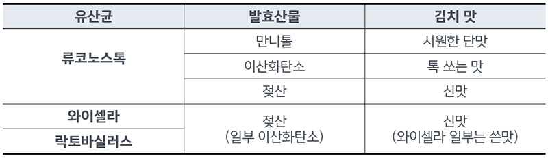 김치유산균의 주요 발효산물에 따른 김치 맛