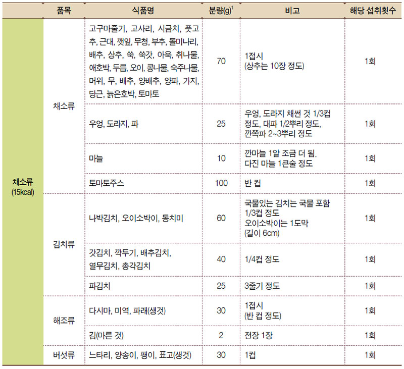 김치류의 대표 식품과 1인 1회 분량