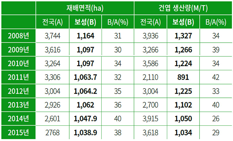 보성군 차 재배면적 및 차 생산량