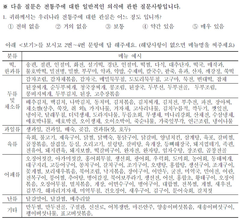 전통주와 어울리는 안주 선호도 조사 설문조사표 3.