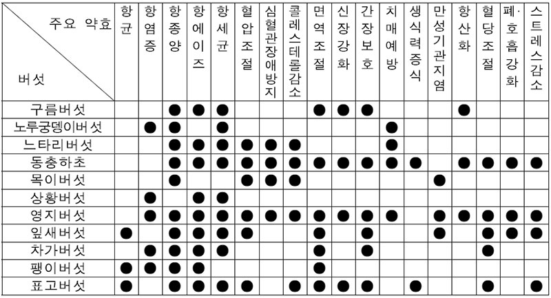 주요 버섯의 약효 성분