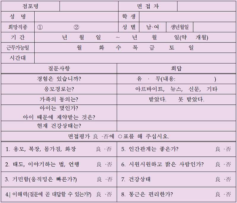 종업원 면접시 사용할 면접양식 사례