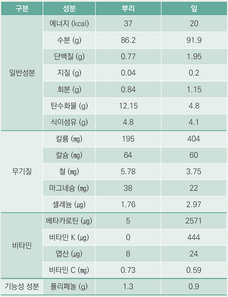 삼채 부위별 영양성분 비교