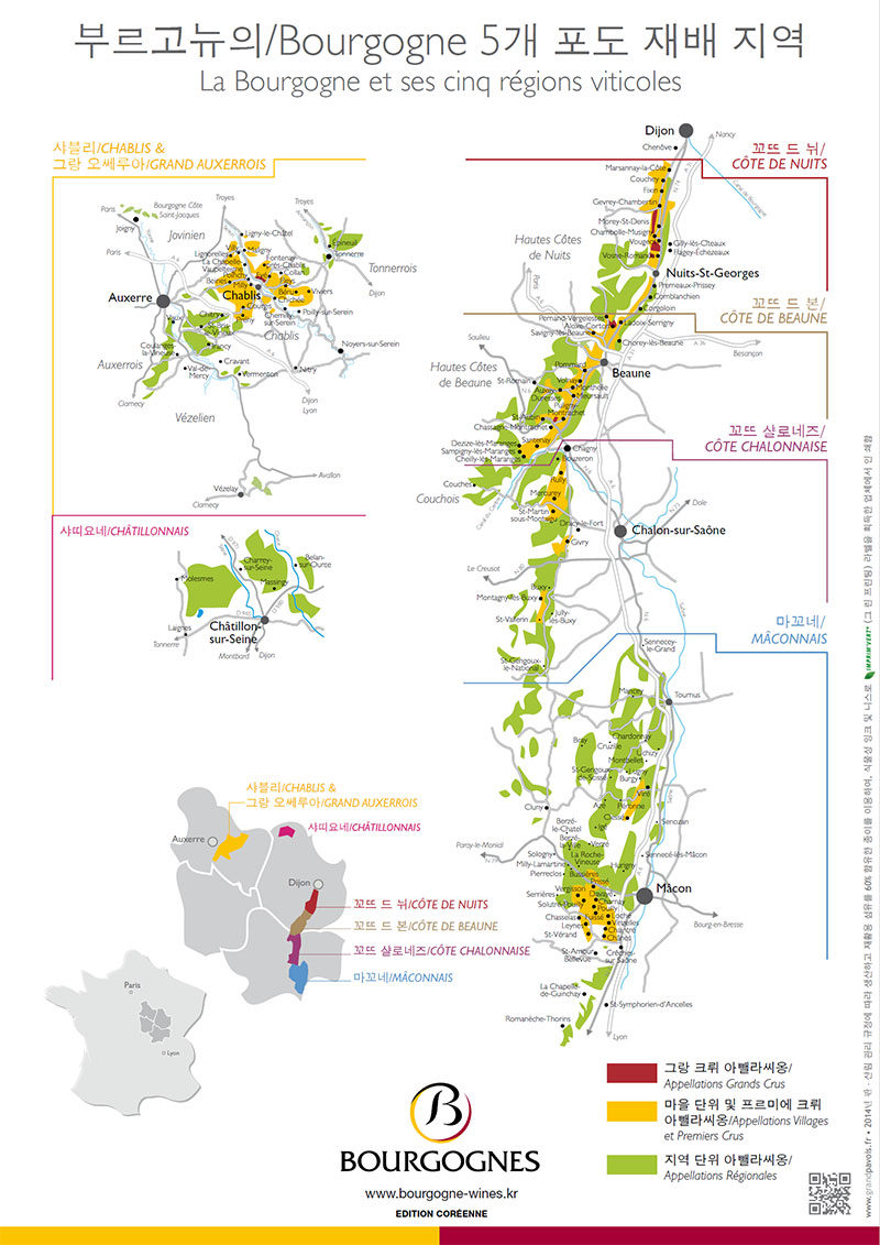 부르고뉴/Bourgogne의 5개 포도 재배 지역